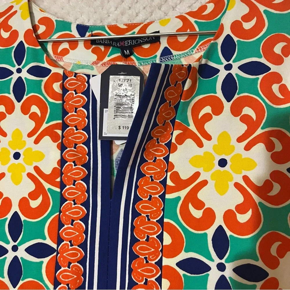 Barbara Erickson Womens Shift Dress Split Neck Cotton Blend Colorful Medium NWT - Picture 2 of 9
